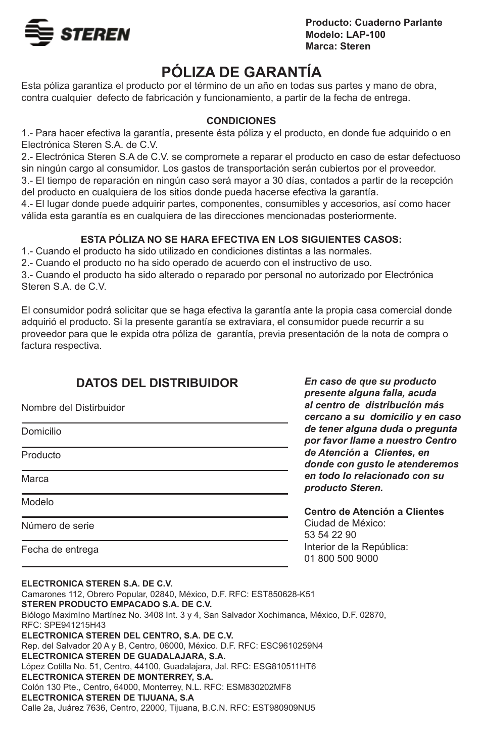 Póliza de garantía, Datos del distribuidor | Steren Talking Notebook User Manual | Page 16 / 16