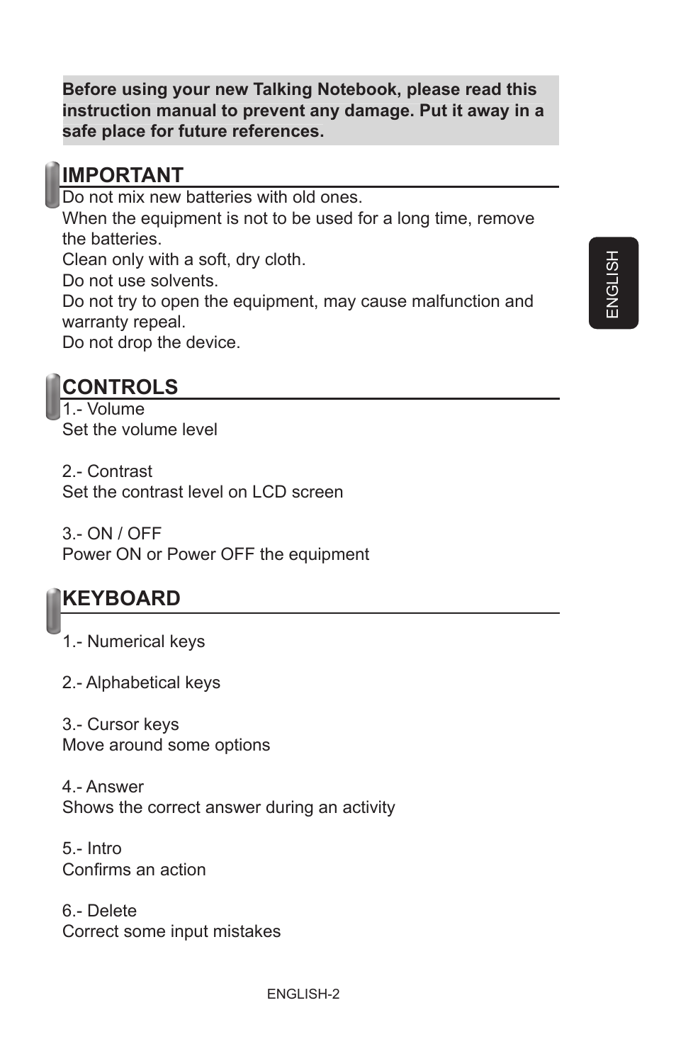 Important, Controls, Keyboard | Steren Talking Notebook User Manual | Page 2 / 16