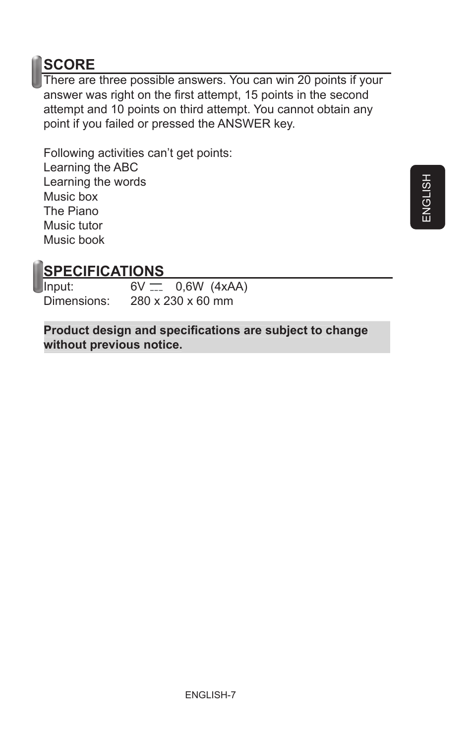 Score, Specifications | Steren Talking Notebook User Manual | Page 7 / 16