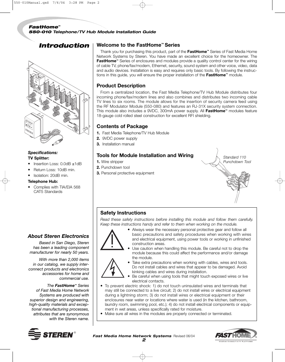 Introduction, Welcome to the fasthome, Series | Product description, Contents of package, Tools for module installation and wiring, About steren electronics, Safety instructions, 2fasthome, Specifications | Steren 550-010 User Manual | Page 2 / 4