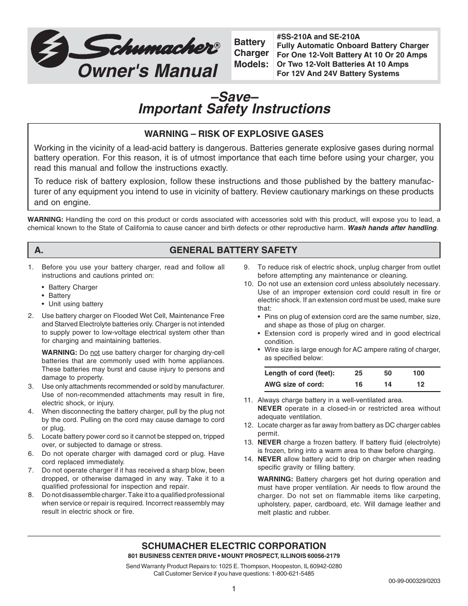 Schumacher SS-210A User Manual | 4 pages