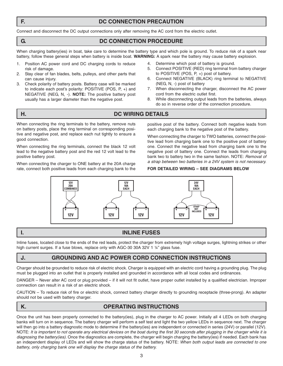 G. dc connection procedure, H. dc wiring details, I. inline fuses | K. operating instructions, F. dc connection precaution | Schumacher SS-210A User Manual | Page 3 / 4