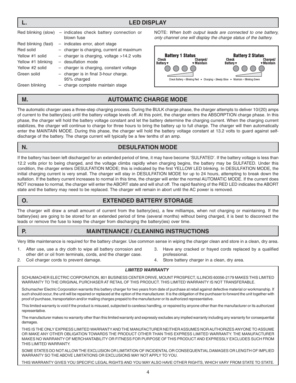 L. led display, M. automatic charge mode, N. desulfation mode o. extended battery storage | P. maintenance / cleaning instructions | Schumacher SS-210A User Manual | Page 4 / 4