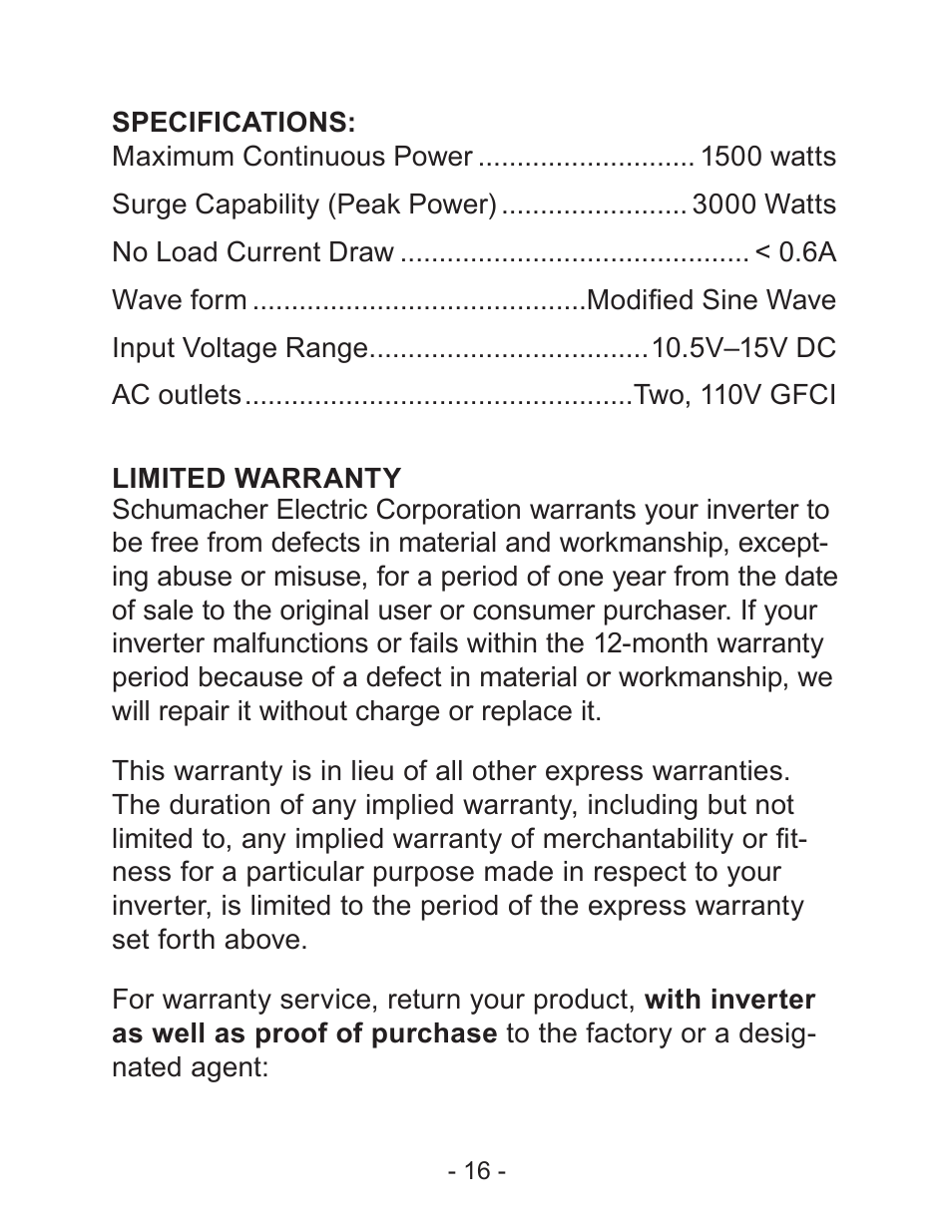 Schumacher PI-1500 User Manual | Page 17 / 18