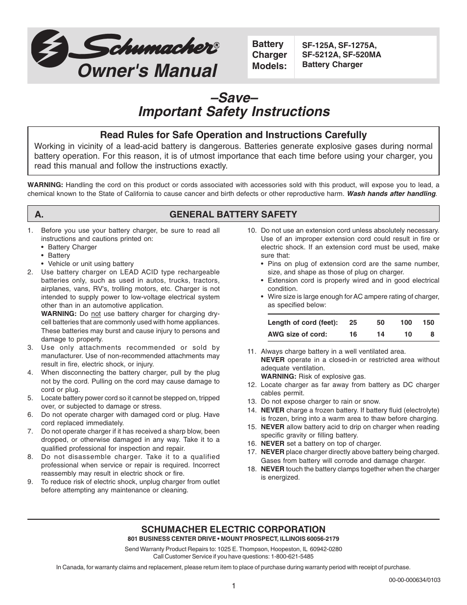 Schumacher SF-125A User Manual | 8 pages