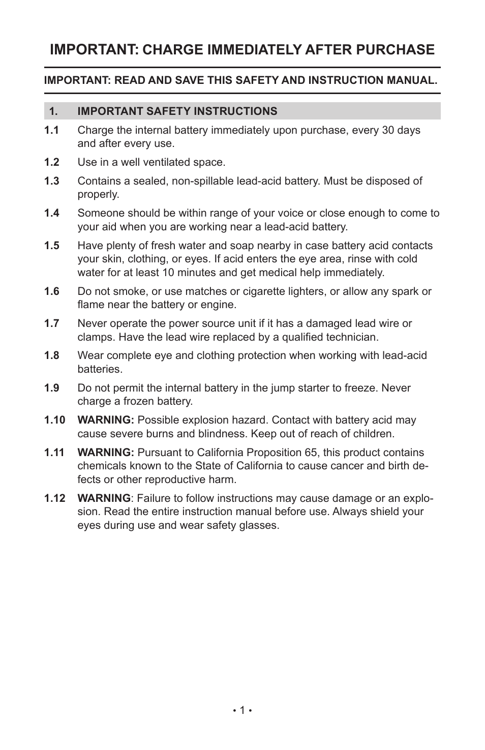 Important, Charge immediately after purchase | Schumacher DieHard 00-99-000867-0109 User Manual | Page 3 / 8