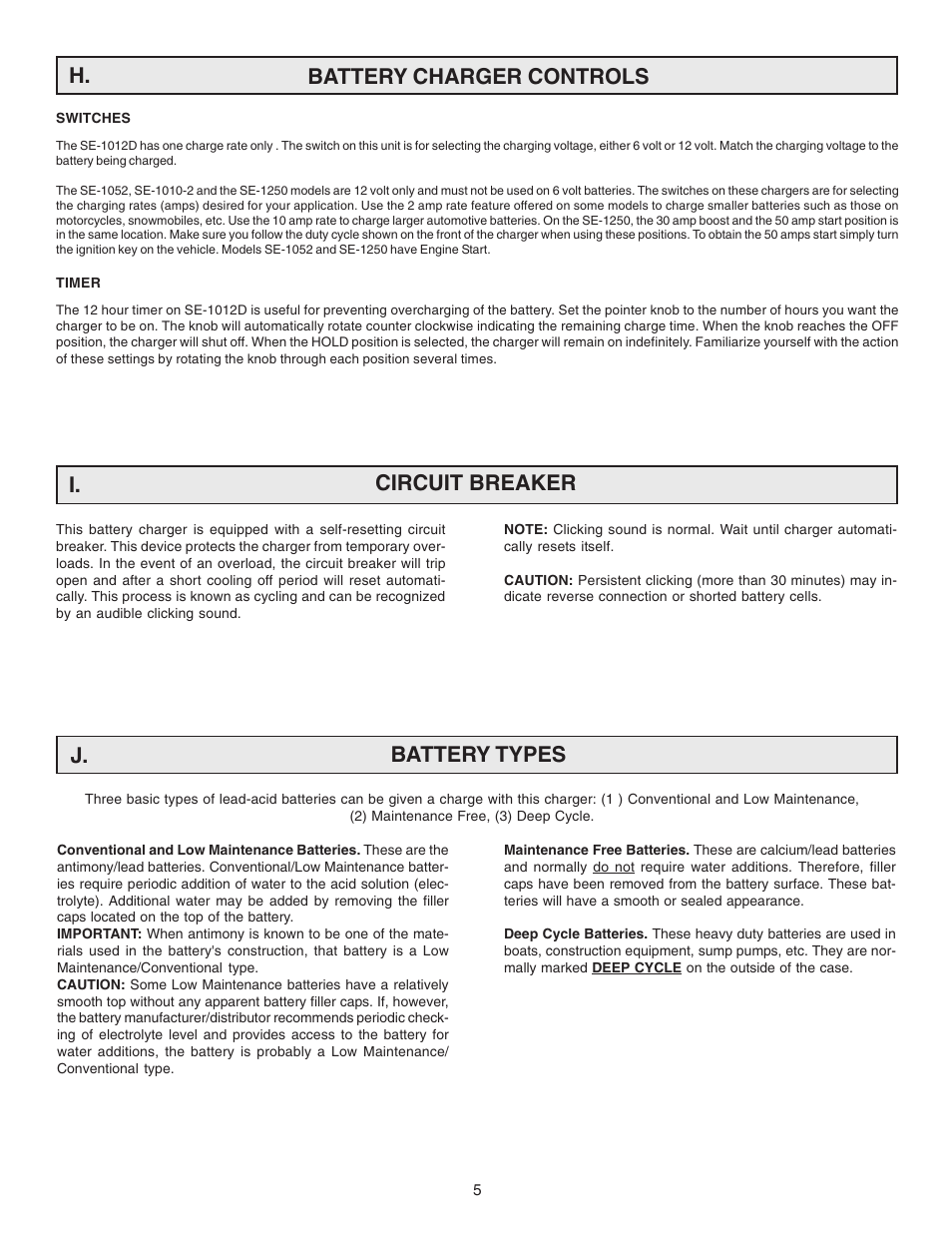 H. battery charger controls i. circuit breaker, J. battery types | Schumacher SE-1250  EN User Manual | Page 5 / 8