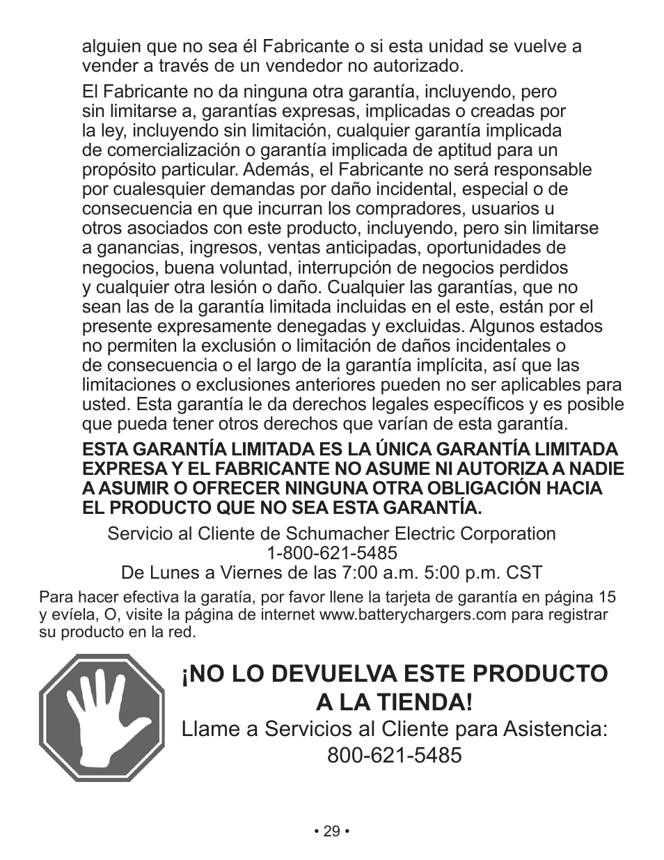 No lo devuelva este producto a la tienda | Schumacher XI41DU User Manual | Page 30 / 30
