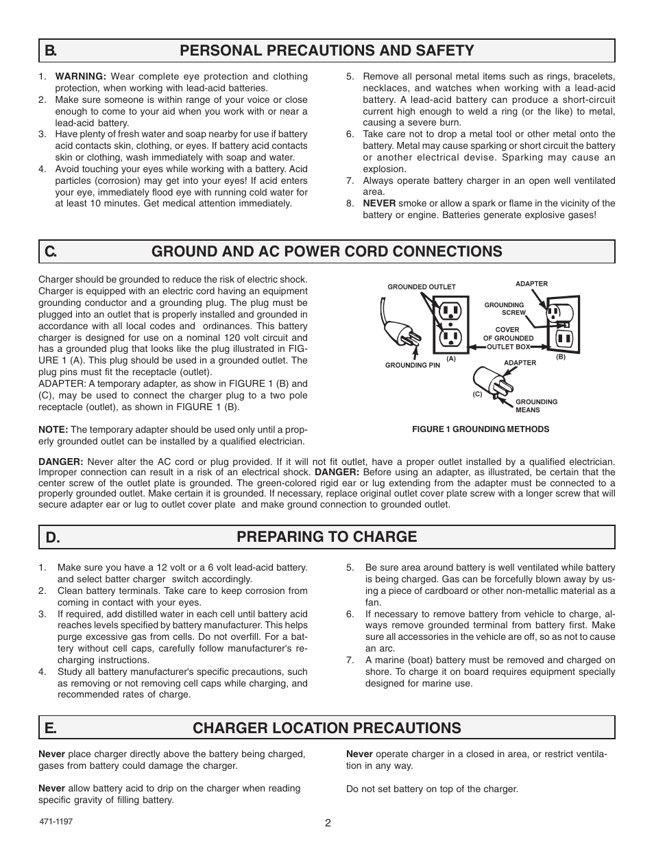 Personal precautions and safety b, Charger location precautions e | Schumacher 9500A User Manual | Page 2 / 8