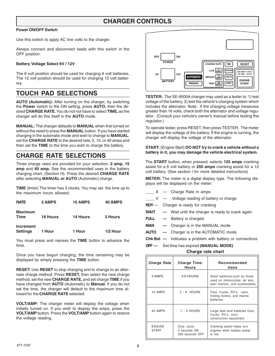 Charger controls, Touch pad selections, Charge rate selections | Schumacher 9500A User Manual | Page 4 / 8