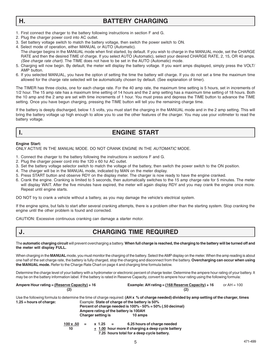 H. battery charging, I. engine start, J. charging time required | Schumacher 9500A User Manual | Page 5 / 8