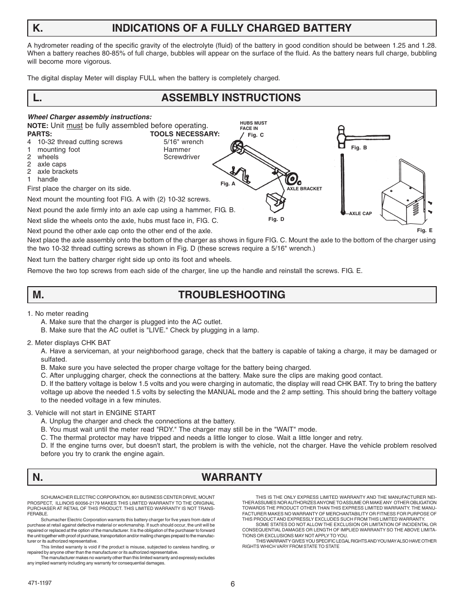 K. indications of a fully charged battery, L. assembly instructions, M. troubleshooting | N. warranty | Schumacher 9500A User Manual | Page 6 / 8
