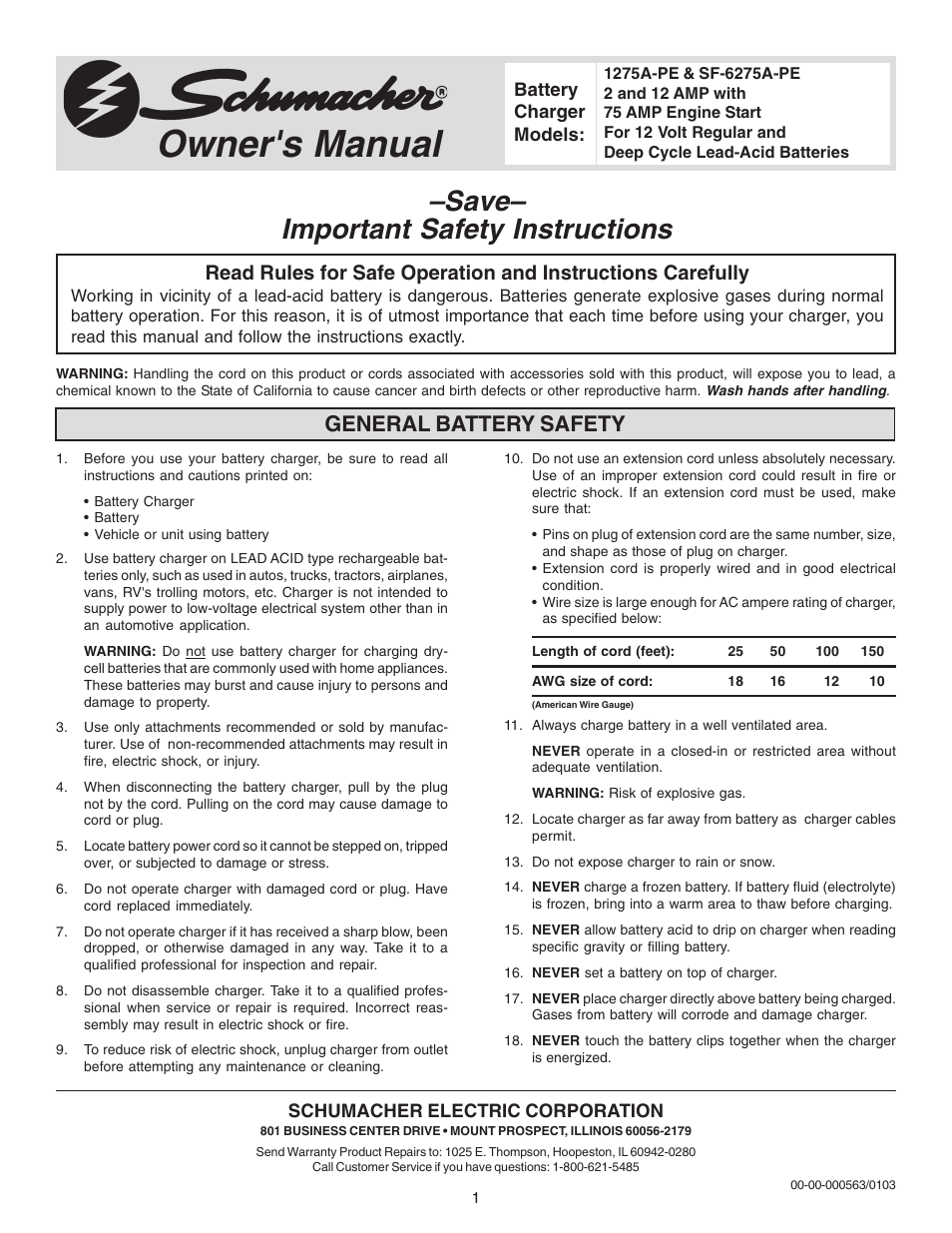 Schumacher 1275A-PE User Manual | 8 pages