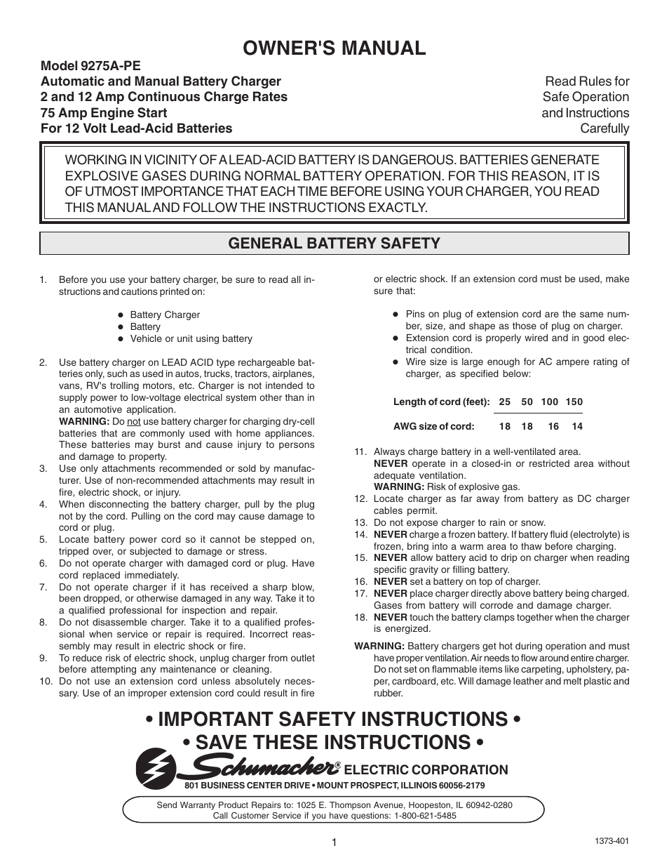 Schumacher 9275A-PE User Manual | 16 pages