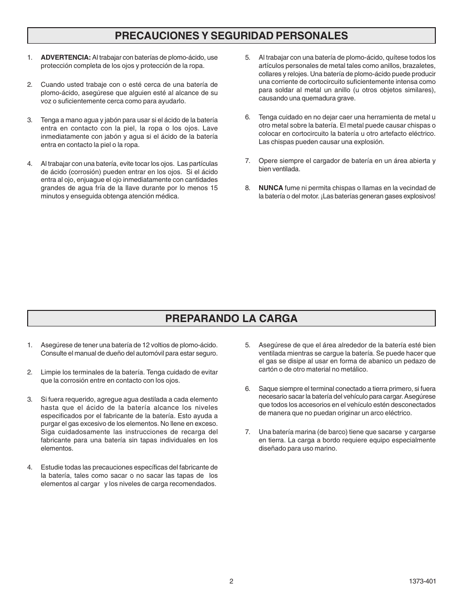Precauciones y seguridad personales, Preparando la carga | Schumacher 9275A-PE User Manual | Page 10 / 16