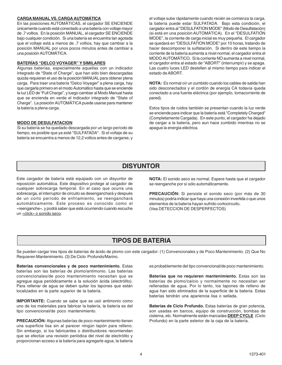 Tipos de bateria, Disyuntor | Schumacher 9275A-PE User Manual | Page 12 / 16