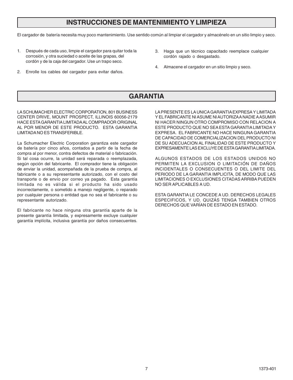 Instrucciones de mantenimiento y limpieza, Garantia | Schumacher 9275A-PE User Manual | Page 15 / 16
