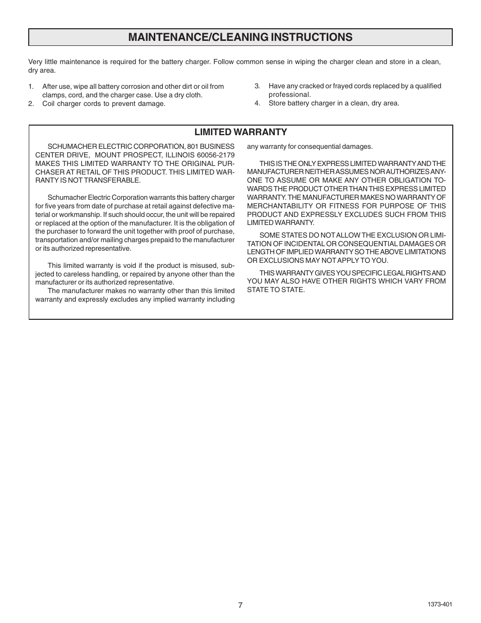 Maintenance/cleaning instructions, Limited warranty | Schumacher 9275A-PE User Manual | Page 7 / 16