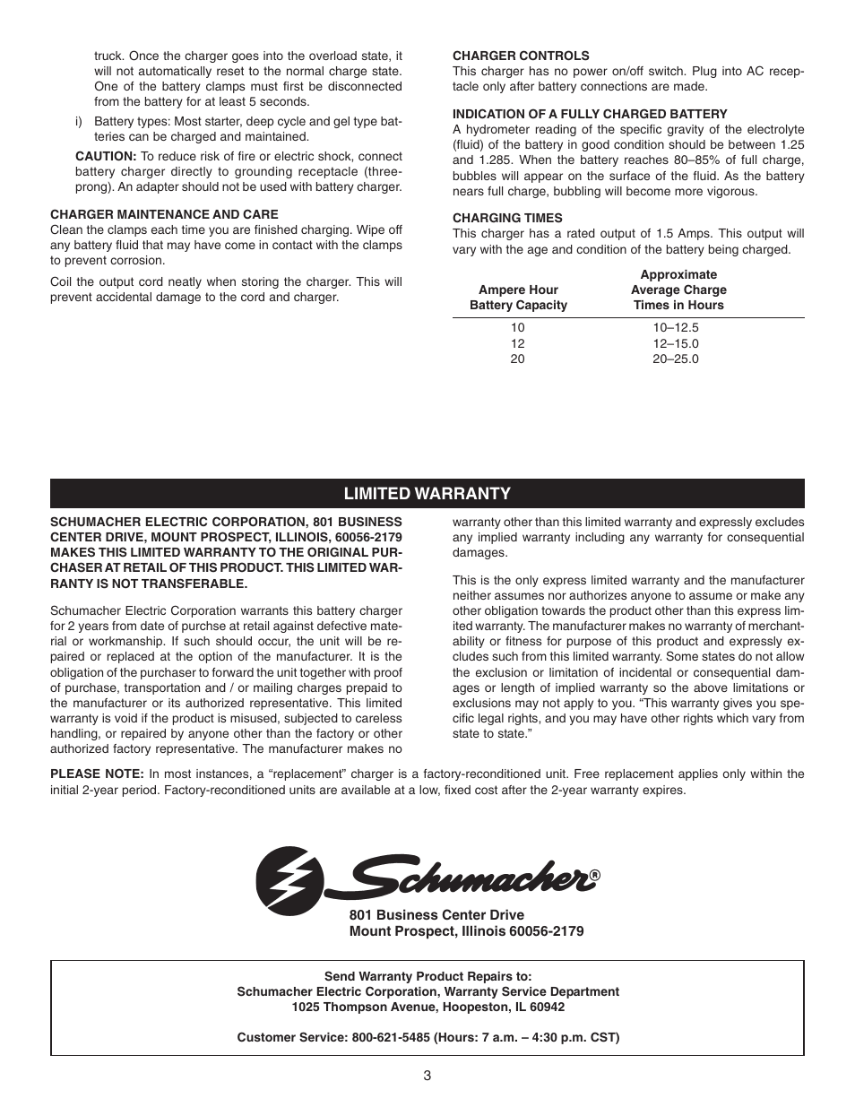 Limited warranty | Schumacher PS-1562A User Manual | Page 3 / 8