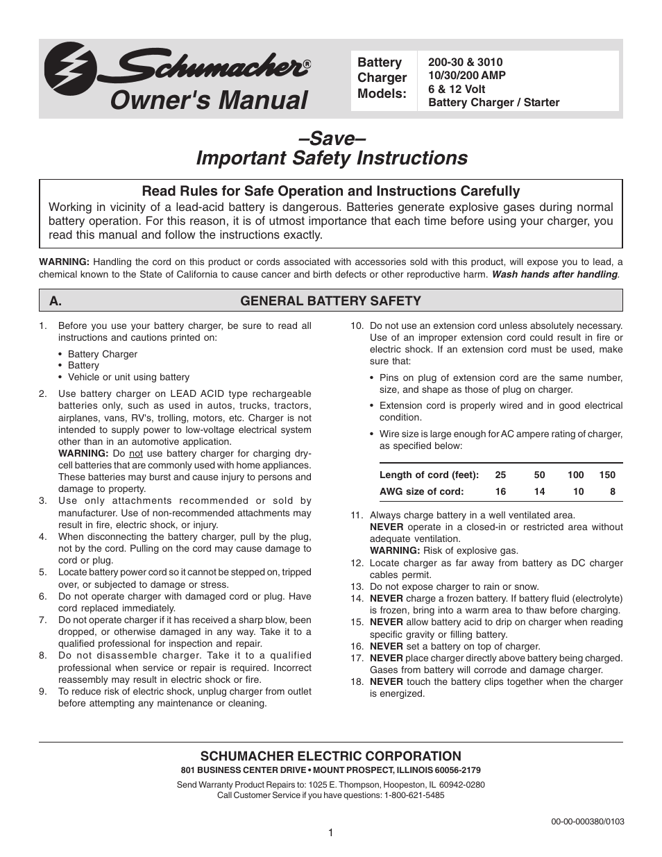 Schumacher 3010 User Manual | 8 pages