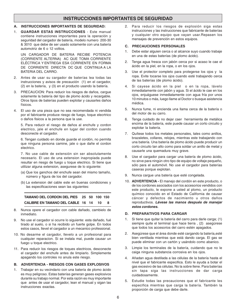 Instrucciones importantes de seguridad | Schumacher 3010 User Manual | Page 6 / 8