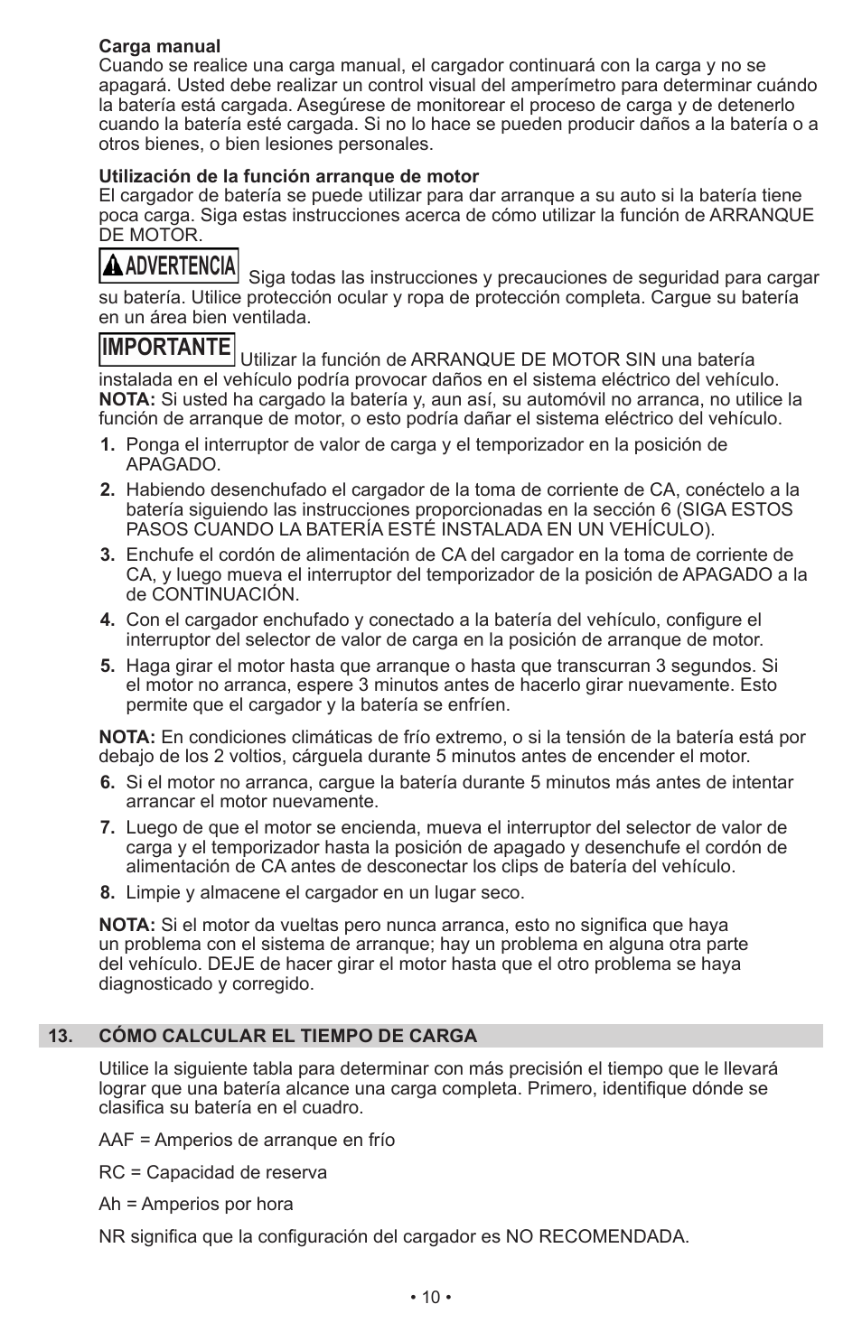 Advertencia, Importante | Schumacher Manual Battery Charger SWI-1224 User Manual | Page 14 / 49