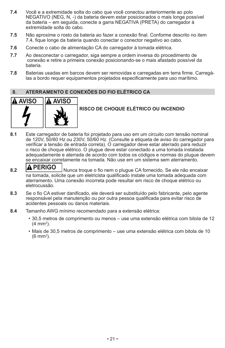 Perigo, Aviso | Schumacher Manual Battery Charger SWI-1224 User Manual | Page 25 / 49