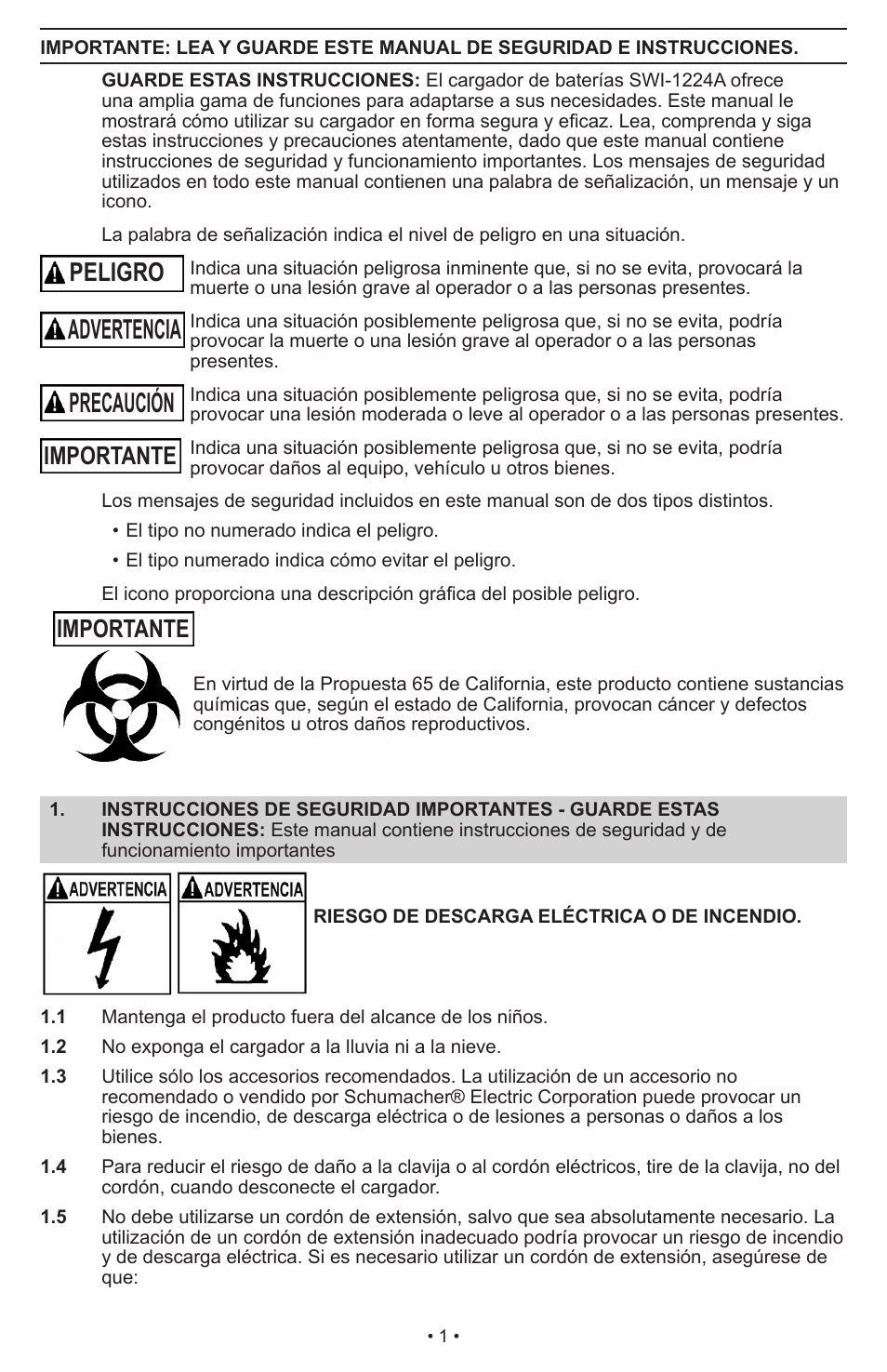 Advertencia precaución, Peligro, Importante | Schumacher Manual Battery Charger SWI-1224 User Manual | Page 5 / 49