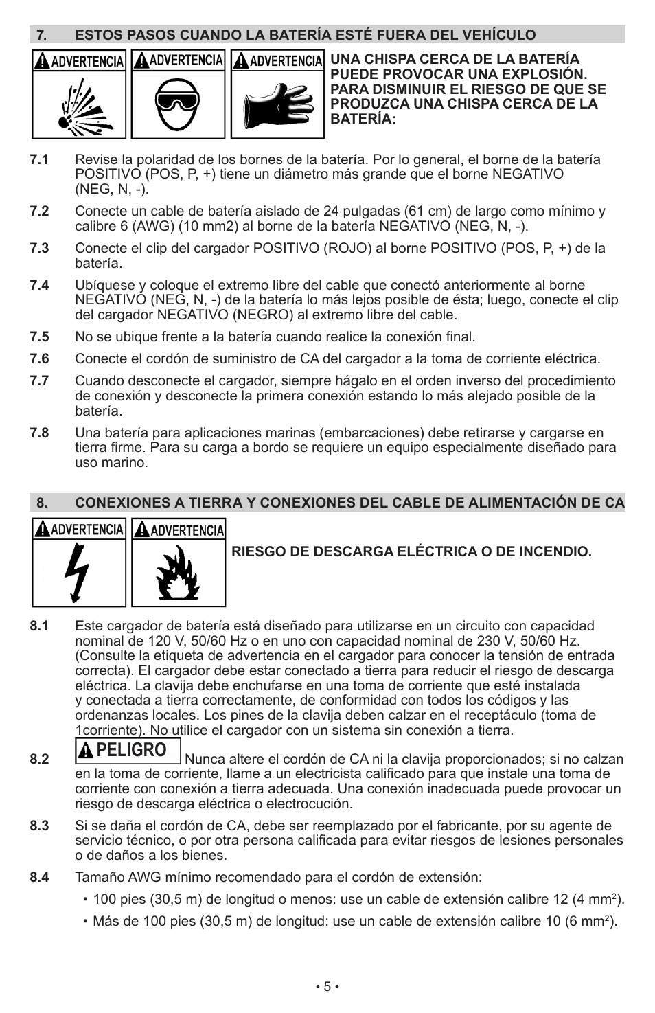 Peligro | Schumacher Manual Battery Charger SWI-1224 User Manual | Page 9 / 49