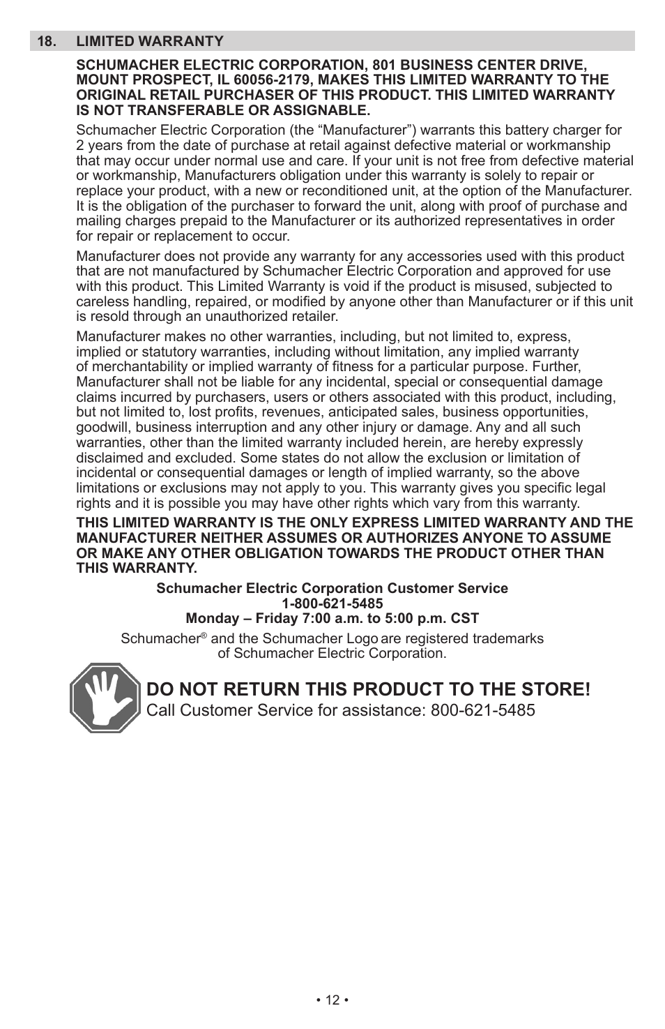 Do not return this product to the store | Schumacher Proseries Automatic PS-1022M User Manual | Page 12 / 36