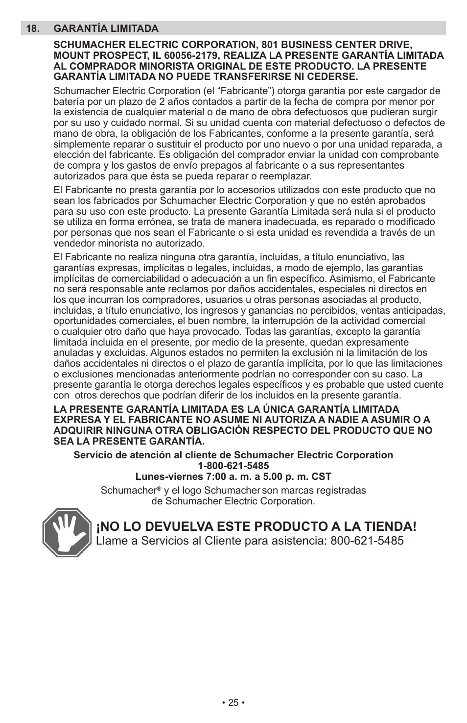 No lo devuelva este producto a la tienda | Schumacher Proseries Automatic PS-1022M User Manual | Page 25 / 36