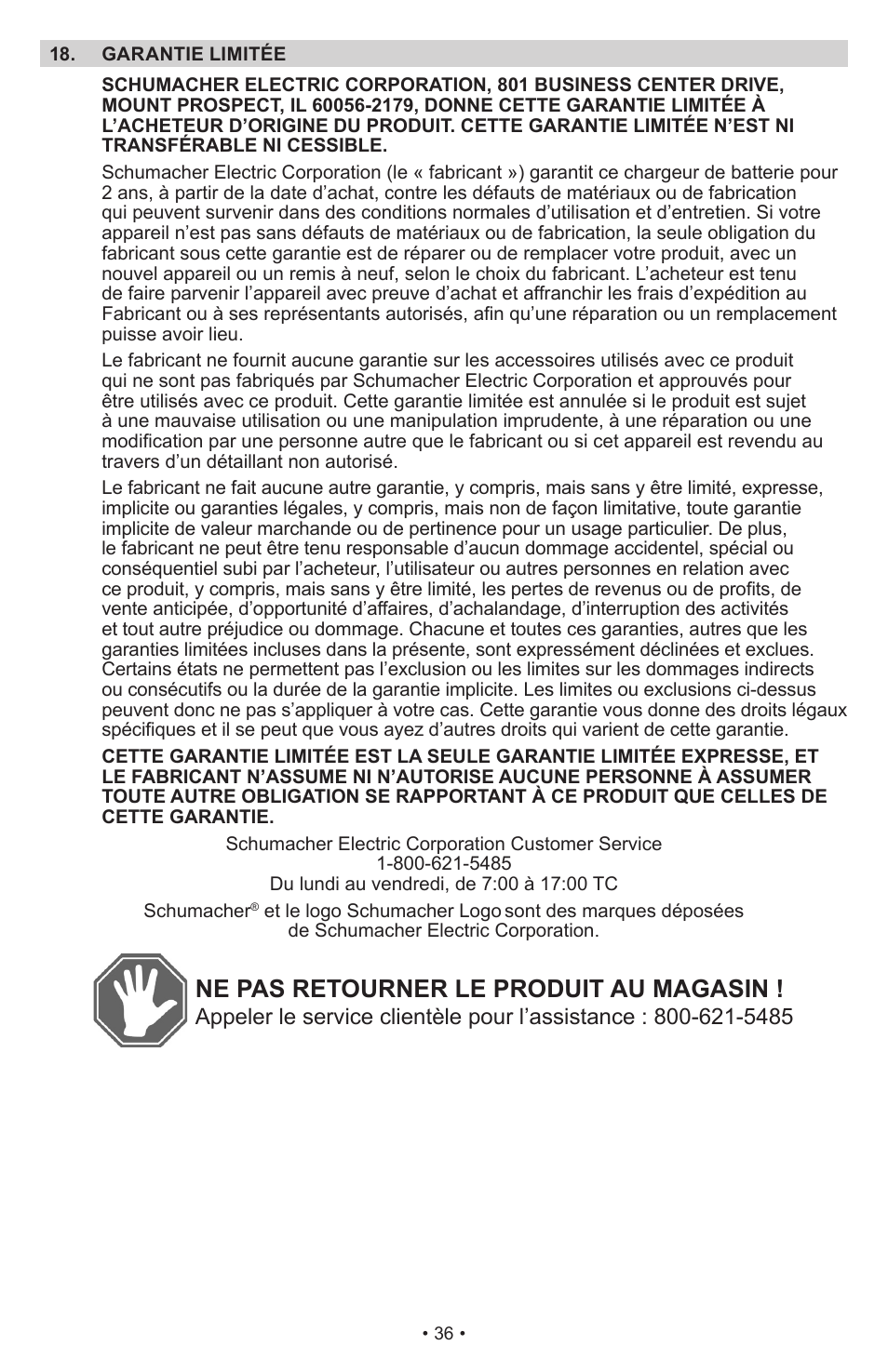 Ne pas retourner le produit au magasin | Schumacher Proseries Automatic PS-1022M User Manual | Page 36 / 36