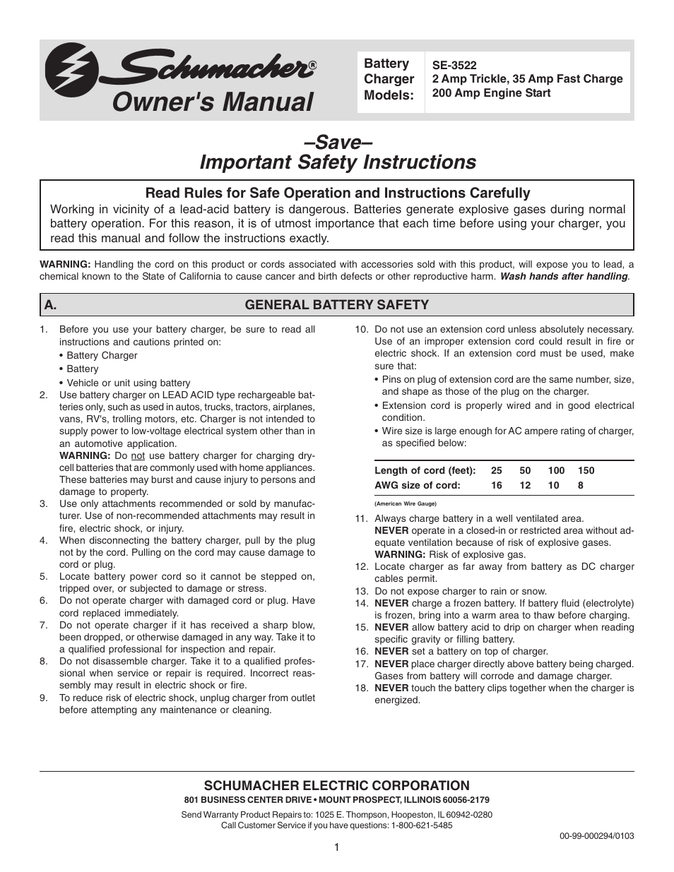 Schumacher SE-3522 User Manual | 8 pages