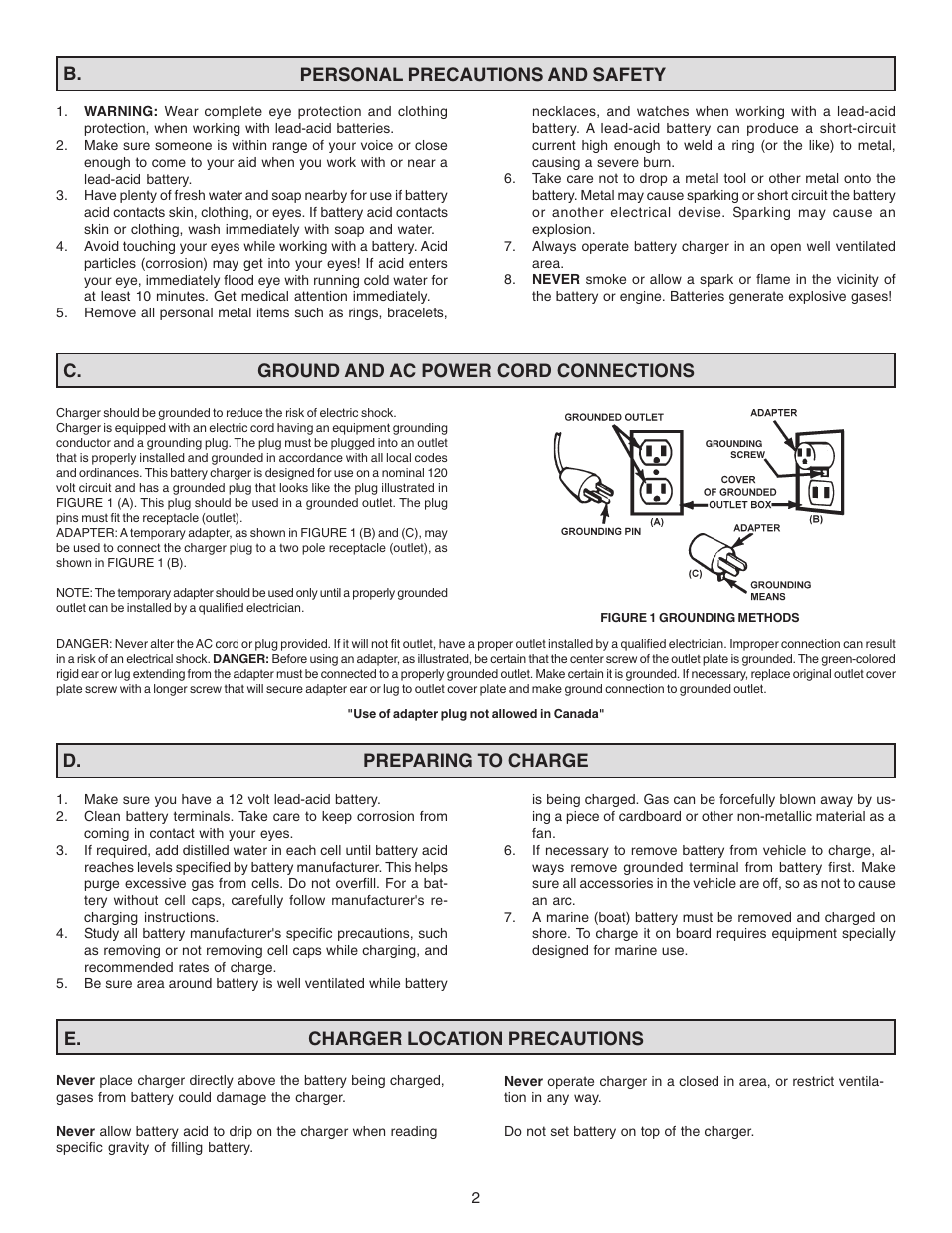 Charger location precautions e, Preparing to charge d | Schumacher SE-3522 User Manual | Page 2 / 8