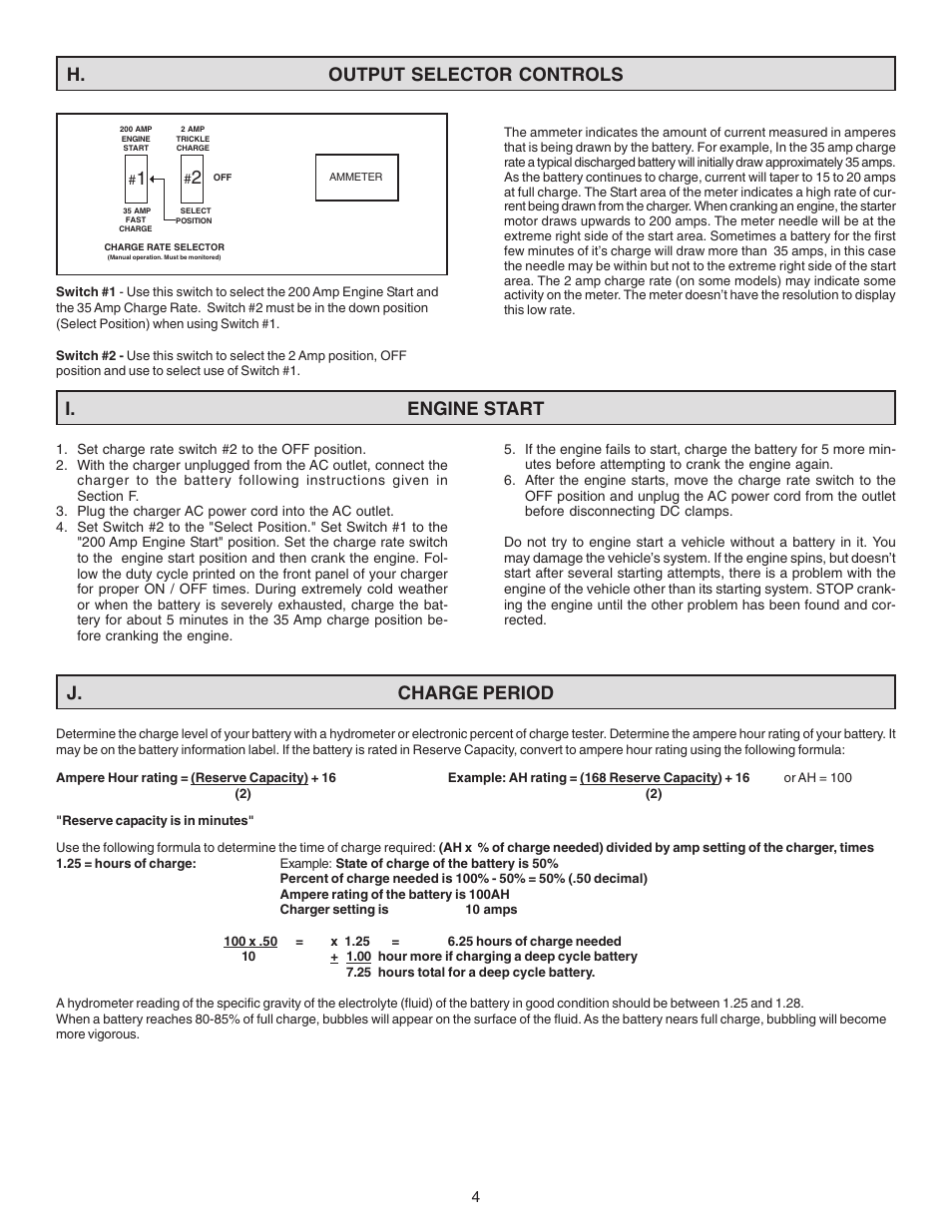 H. output selector controls, I. engine start, J. charge period | Schumacher SE-3522 User Manual | Page 4 / 8