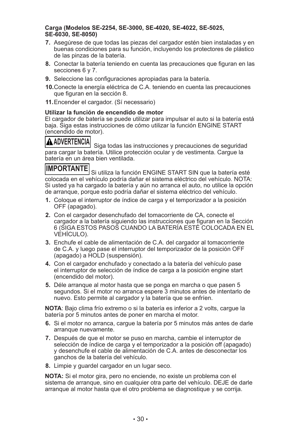 Advertencia, Importante | Schumacher SE-4022 User Manual | Page 34 / 42