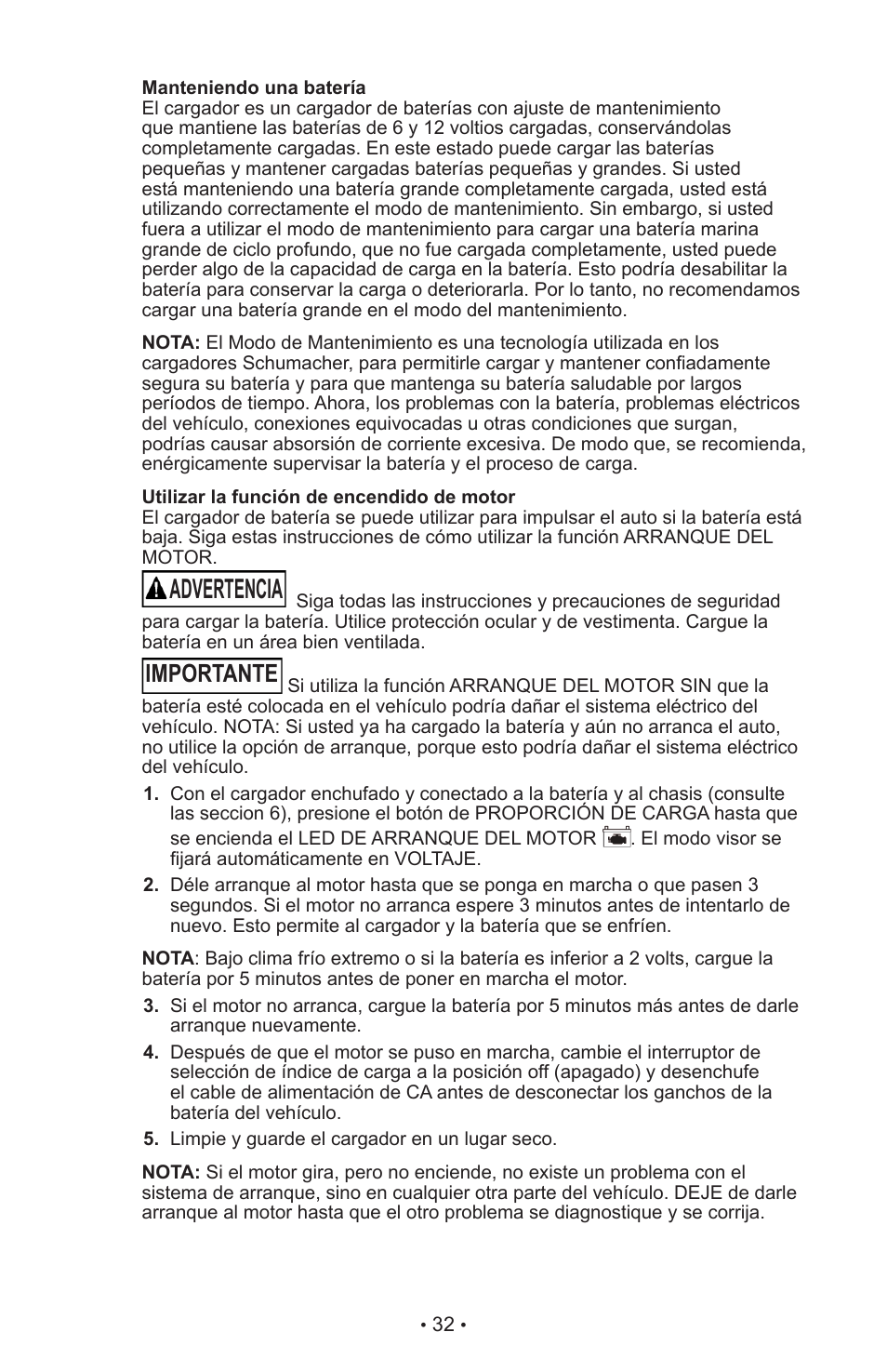 Advertencia, Importante | Schumacher XC103 User Manual | Page 36 / 48