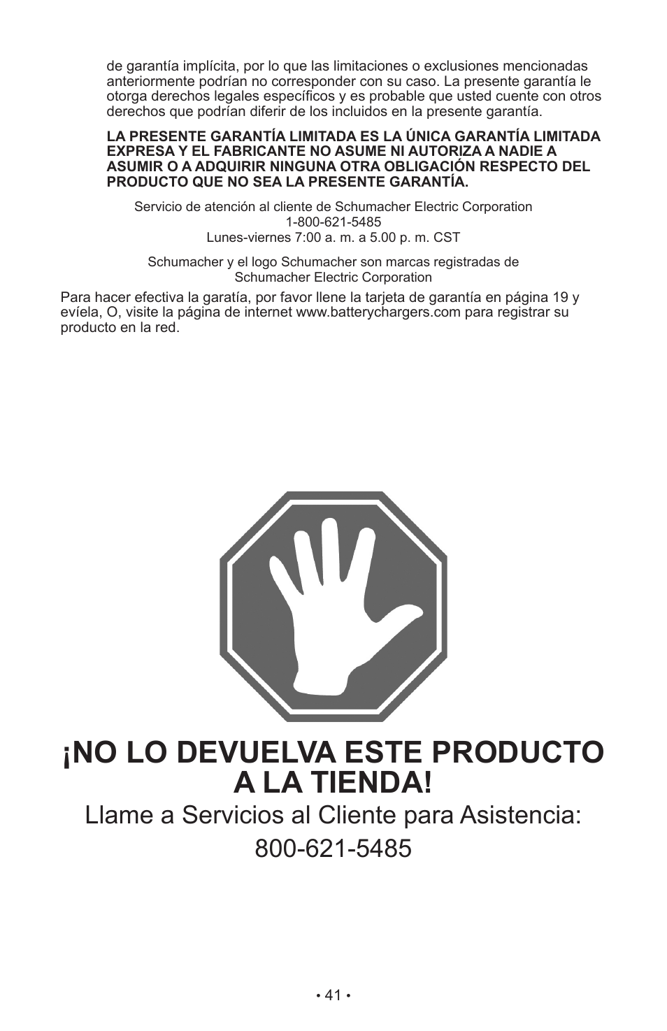 No lo devuelva este producto a la tienda | Schumacher XC103 User Manual | Page 45 / 48