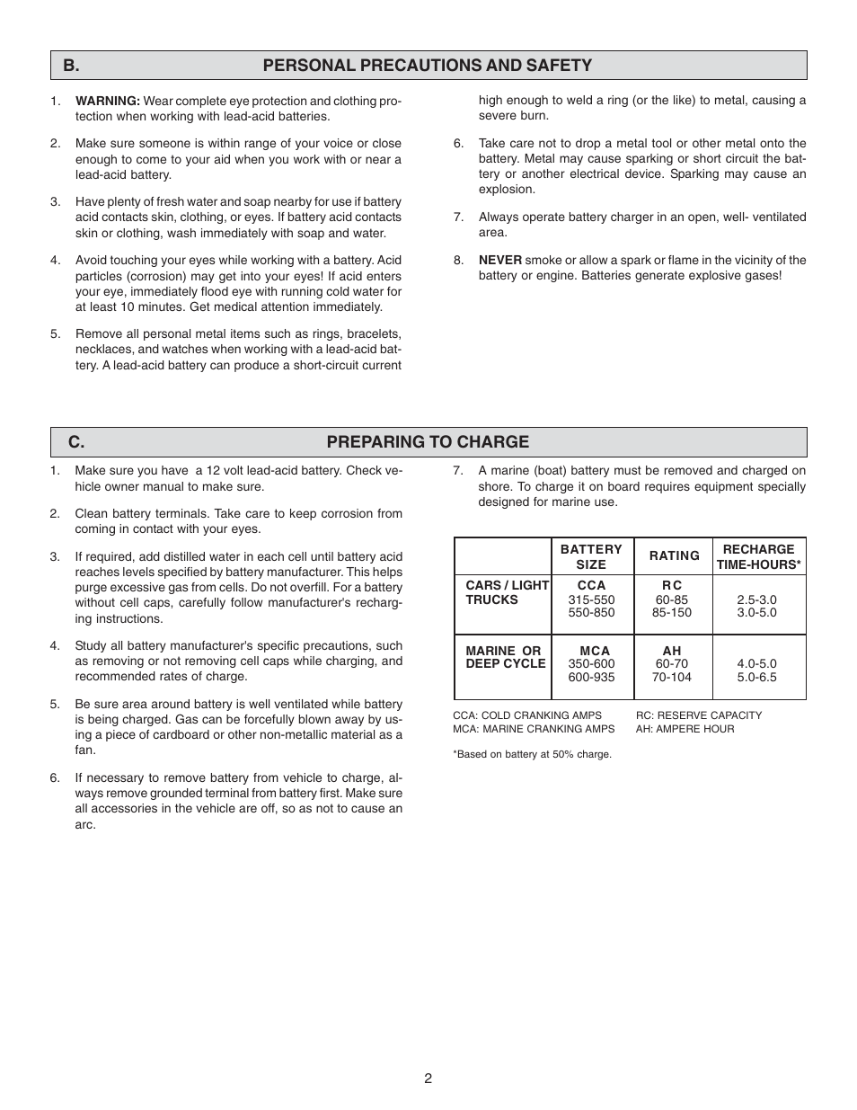 B. personal precautions and safety, C. preparing to charge | Schumacher SS-120A-PE User Manual | Page 2 / 12