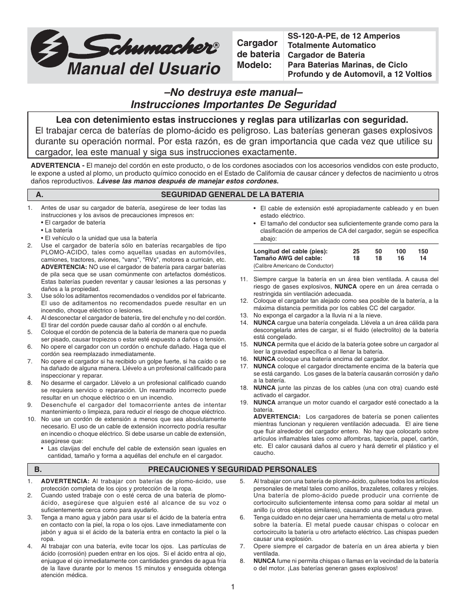 Manual del usuario, Cargador de bateria modelo | Schumacher SS-120A-PE User Manual | Page 8 / 12