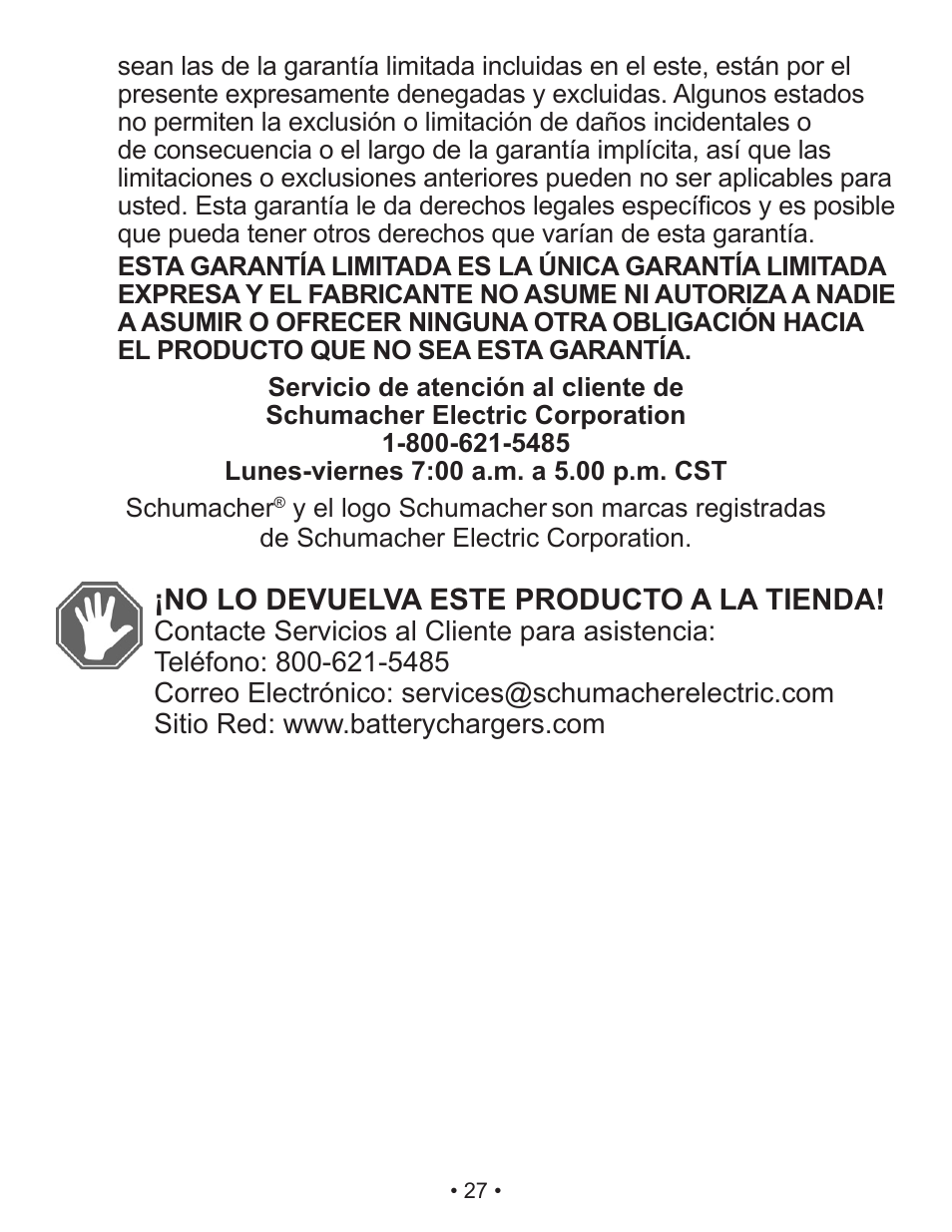 No lo devuelva este producto a la tienda | Schumacher Power Converter X141B User Manual | Page 27 / 27