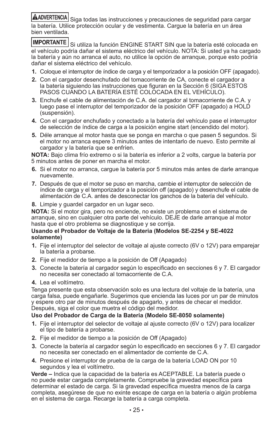 Schumacher Manual Cargador de Batera Manual SE-2254 User Manual | Page 25 / 31