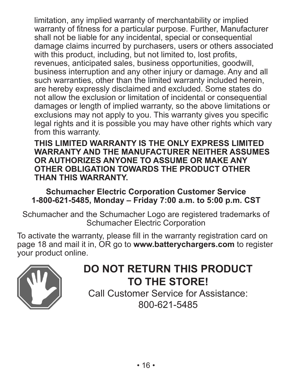 Do not return this product to the store | Schumacher Automatic SEM-1562A User Manual | Page 17 / 38