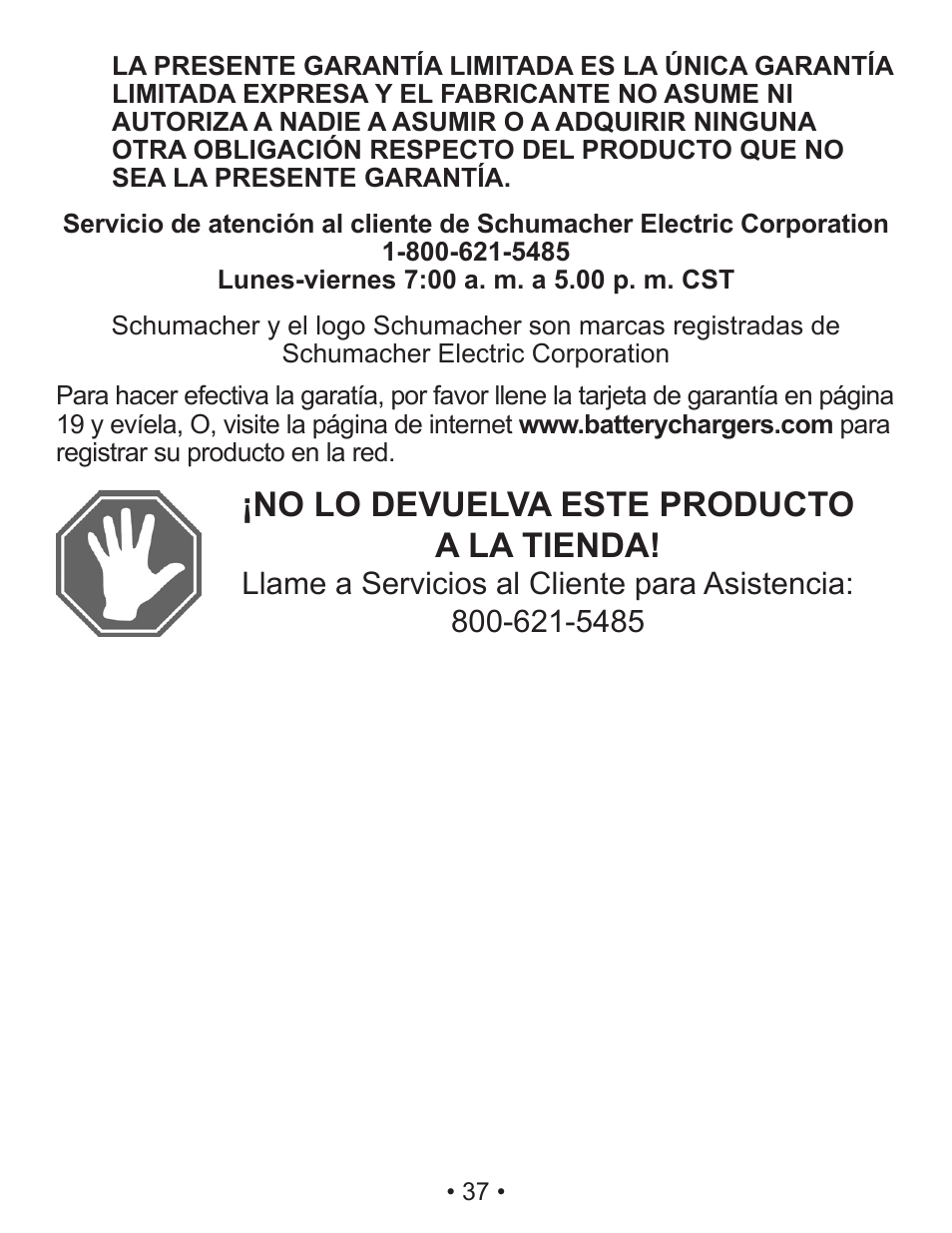 No lo devuelva este producto a la tienda | Schumacher Automatic SEM-1562A User Manual | Page 38 / 38