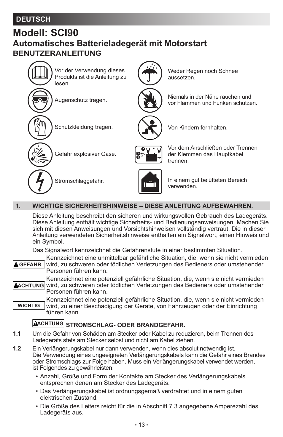 Modell: sci90, Automatisches batterieladegerät mit motorstart, Deutsch | Benutzeranleitung | Schumacher Automatic with Engine Start SCI90 User Manual | Page 13 / 47