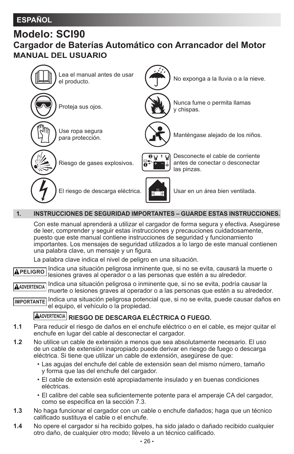 Modelo: sci90, Español, Manual del usuario | Schumacher Automatic with Engine Start SCI90 User Manual | Page 26 / 47