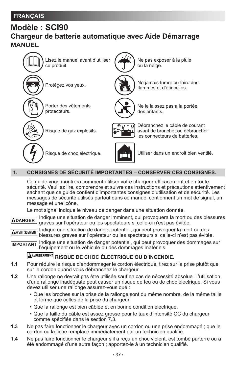 Sci90, Modèle, Français | Manuel | Schumacher Automatic with Engine Start SCI90 User Manual | Page 37 / 47