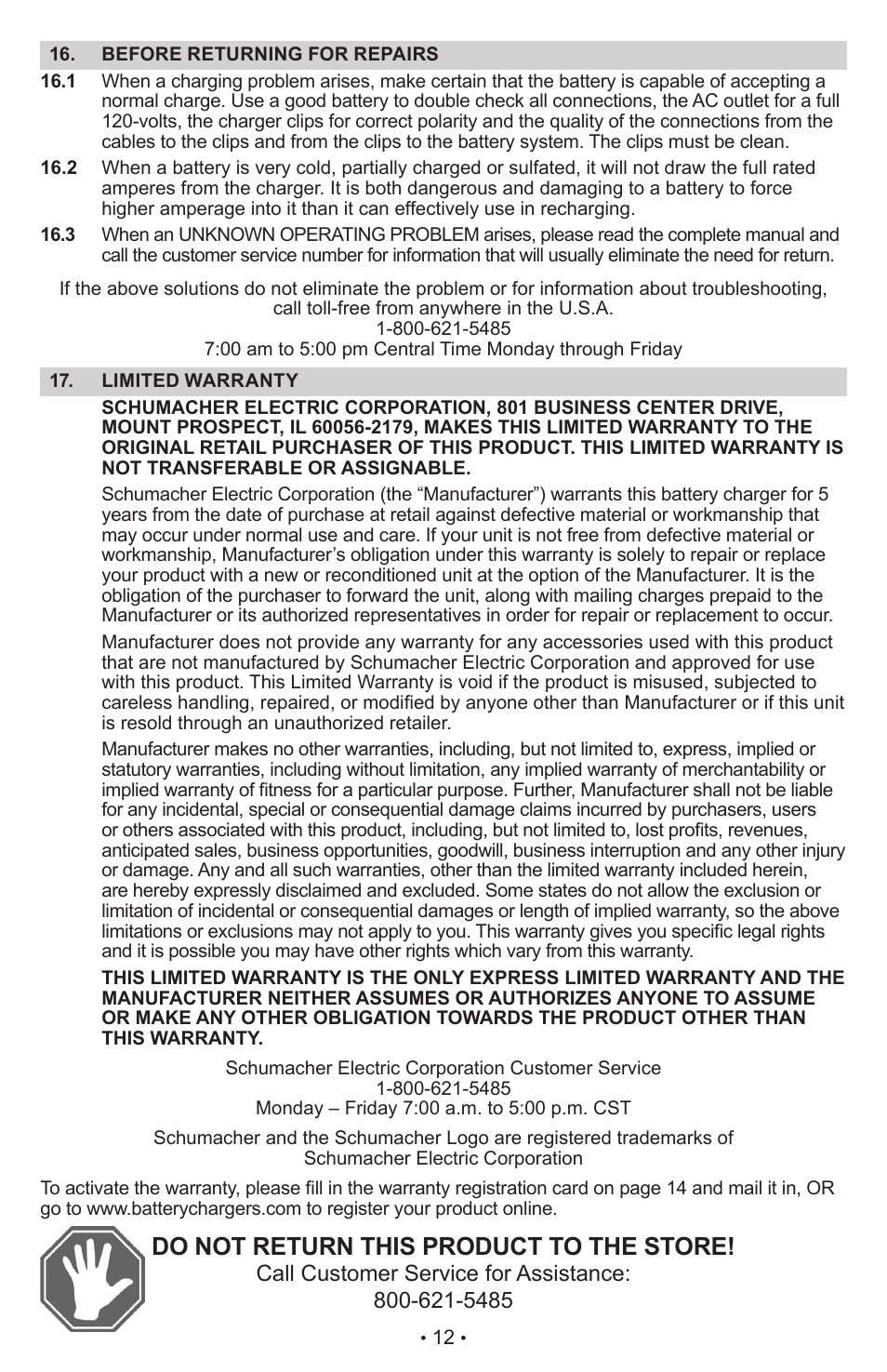 Do not return this product to the store | Schumacher AUTOMATIC BATTERY CHARGER XC75 User Manual | Page 13 / 29