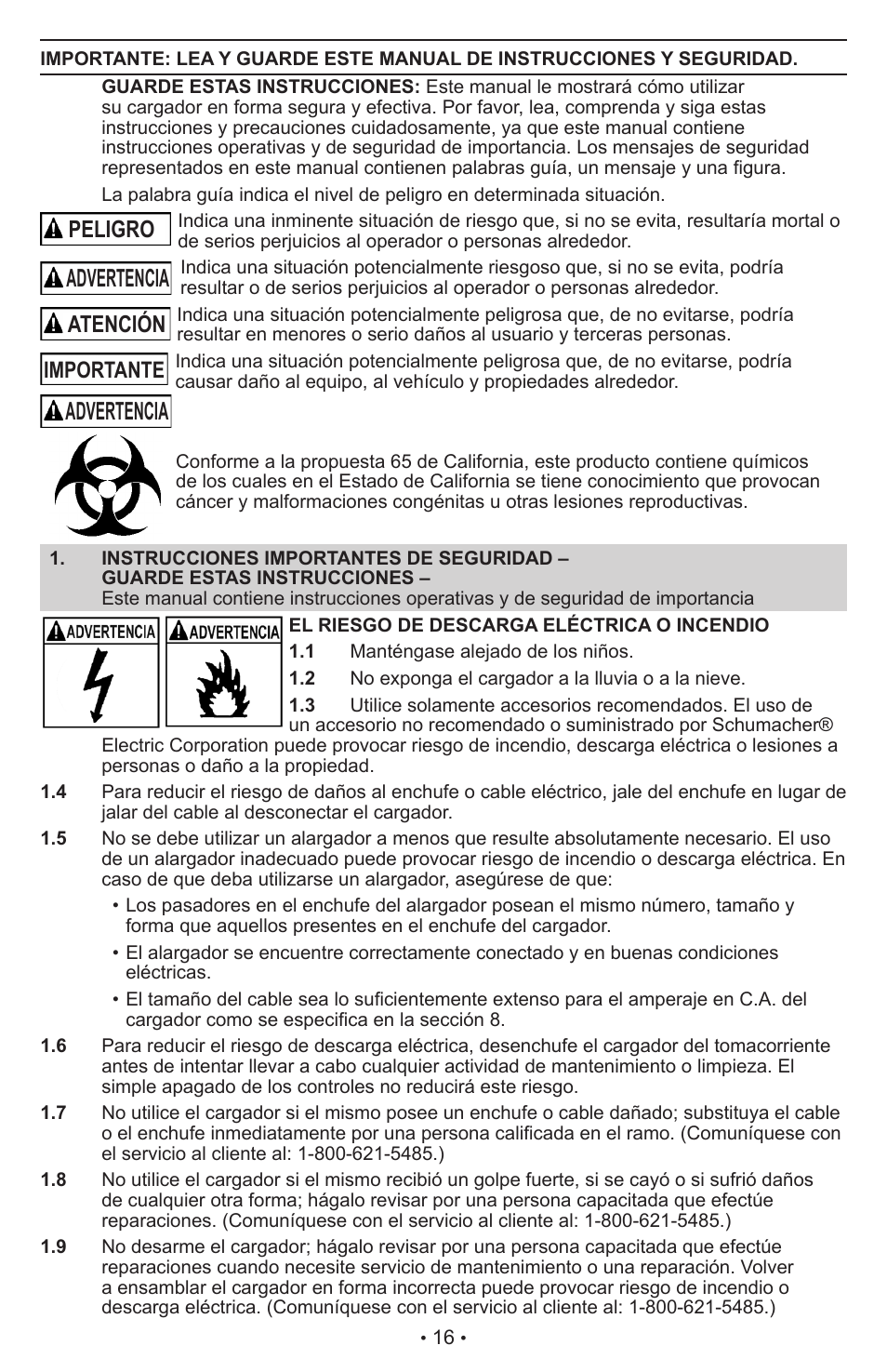 Advertencia, Peligro, Atención importante | Schumacher AUTOMATIC BATTERY CHARGER XC75 User Manual | Page 17 / 29