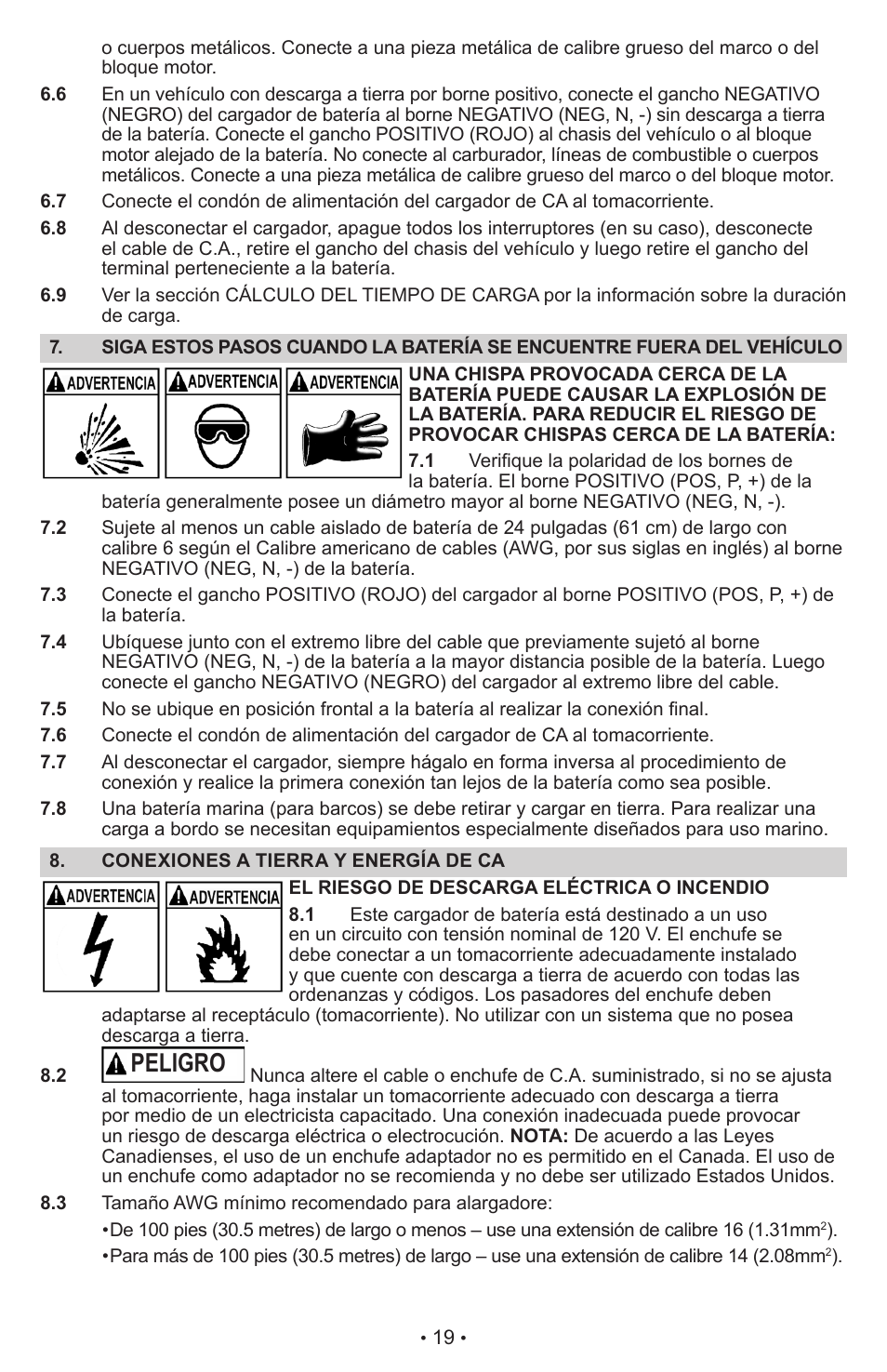 Peligro | Schumacher AUTOMATIC BATTERY CHARGER XC75 User Manual | Page 20 / 29